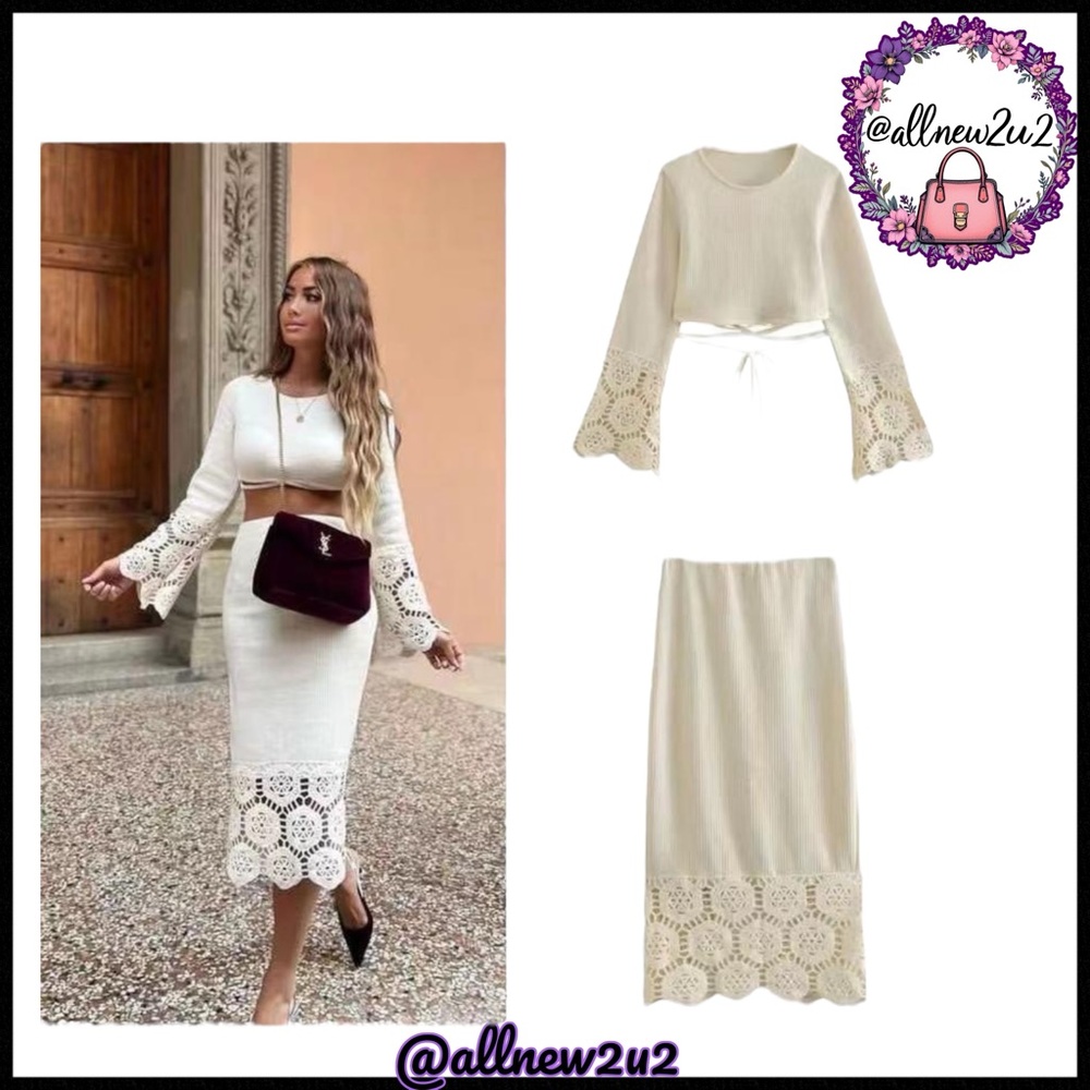 Zara Cream Knit Lightweight Sweater W / Lace Skirt Set Size S - Picture 4 of 16